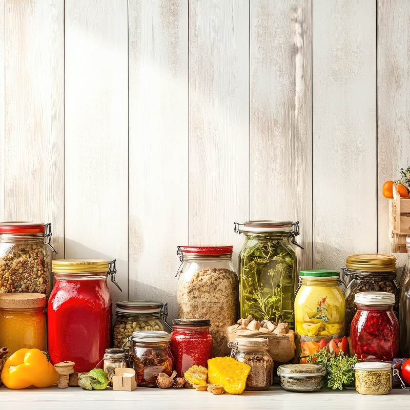 Bocaux variés d'aliments conservés: céréales, sauces, légumes marinés, confitures, épices, fruits secs sur étagère en bois clair. Abondance et préparation.