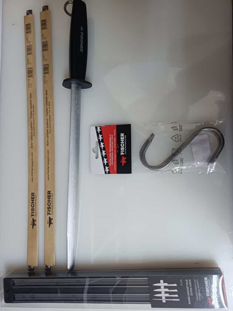Articles Fischer: fusils d'aiguisage carbone suédois, fusil, barre magnétique extra forte 35cm et crochets S. Couteaux pro.