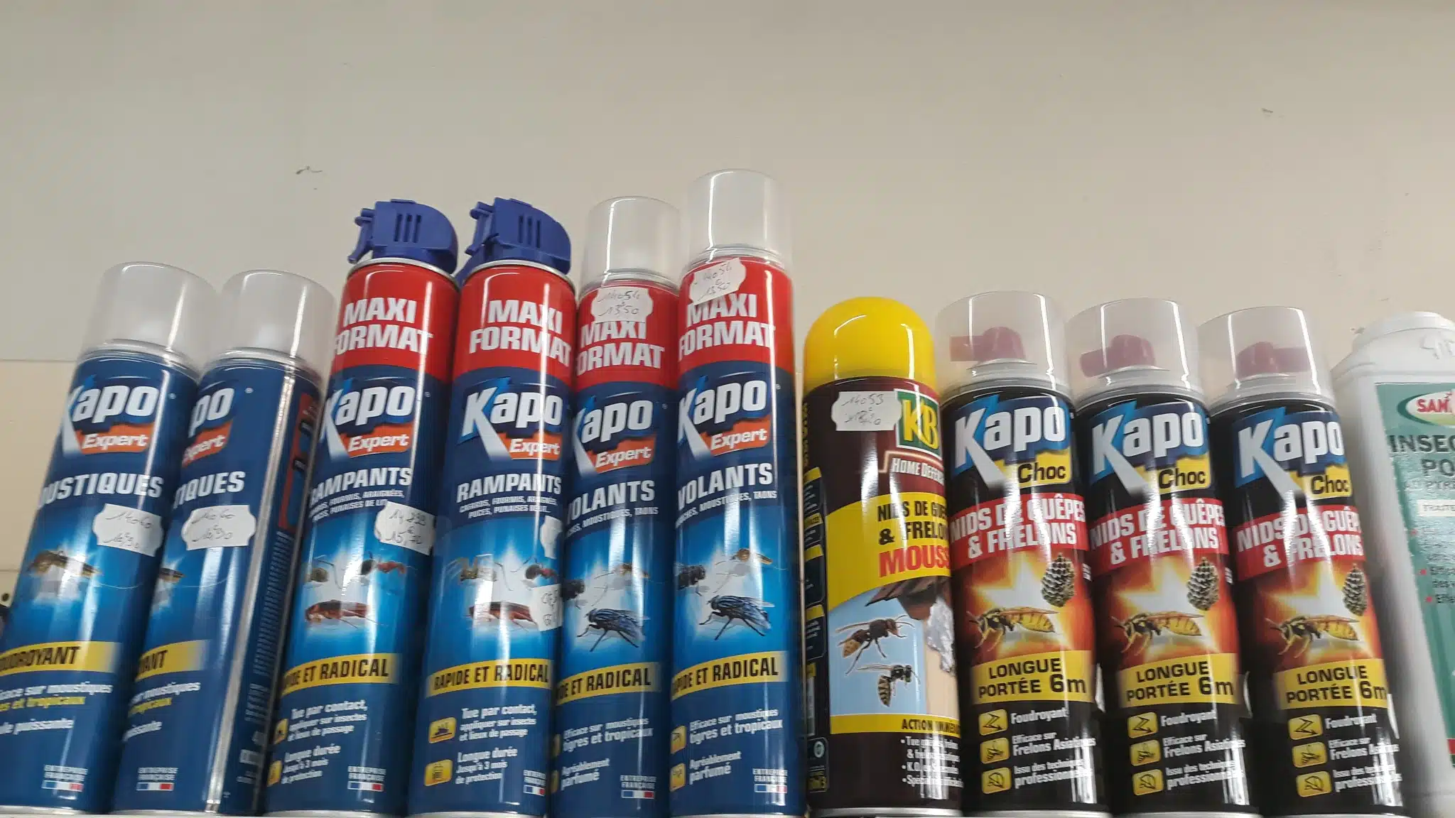 Étagère d'insecticides Kapo et KB, incluant des sprays pour moustiques, rampants, volants, guêpes et frelons. Flacons rouges et bleus, certains en Maxi Format. Prix visibles.