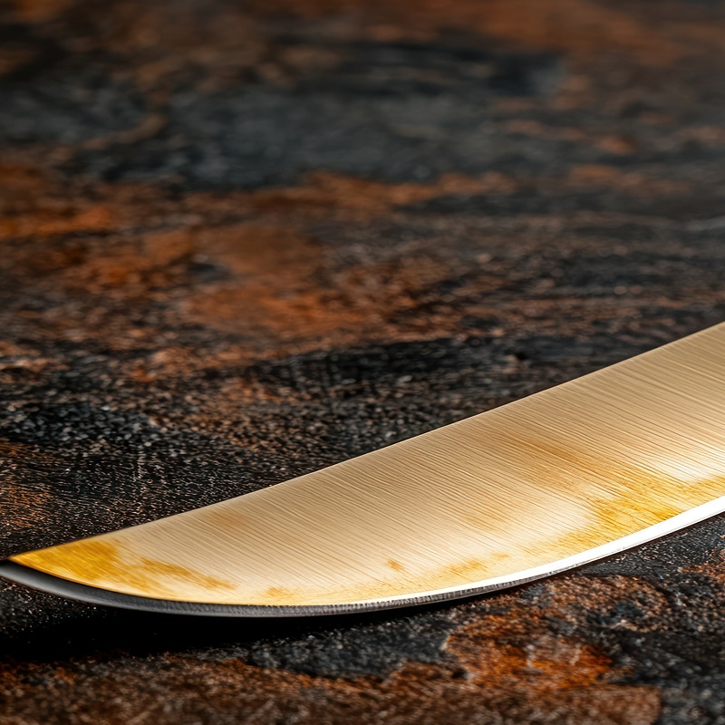 Lame de couteau dorée avec reflets, légèrement usée, posée sur un fond abstrait texturé sombre aux teintes rouille.