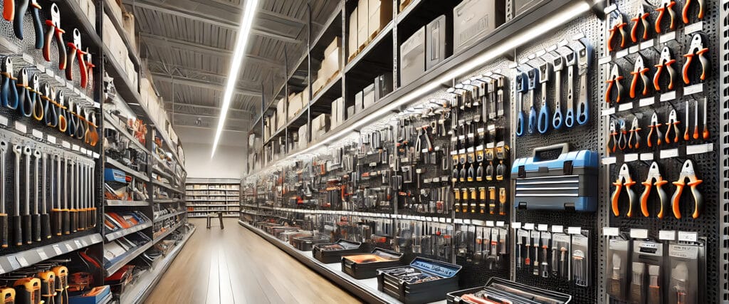 Longue allée lumineuse d'un magasin d'outils. Étagères garnies de pinces, tournevis et assortiments suspendus, avec des boîtes à outils.