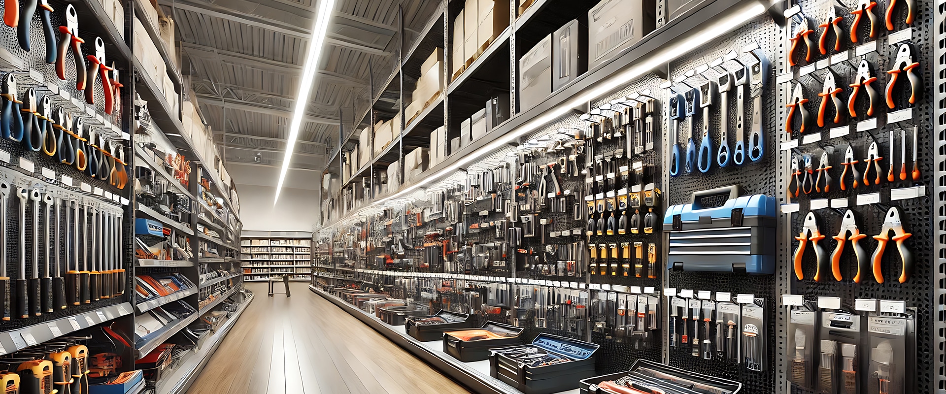 Longue allée lumineuse d'un magasin d'outils. Étagères garnies de pinces, tournevis et assortiments suspendus, avec des boîtes à outils.