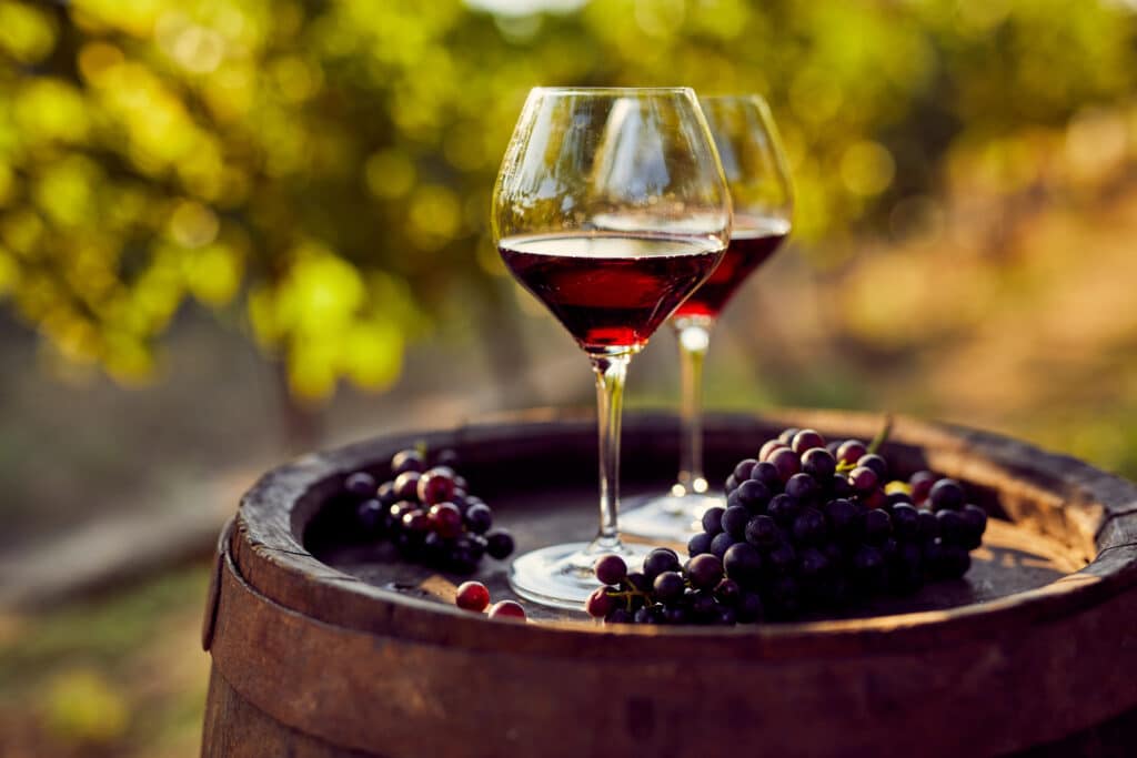 Deux verres de vin rouge et du raisin noir sur un fût en bois dans un vignoble ensoleillé. Ambiance dégustation.